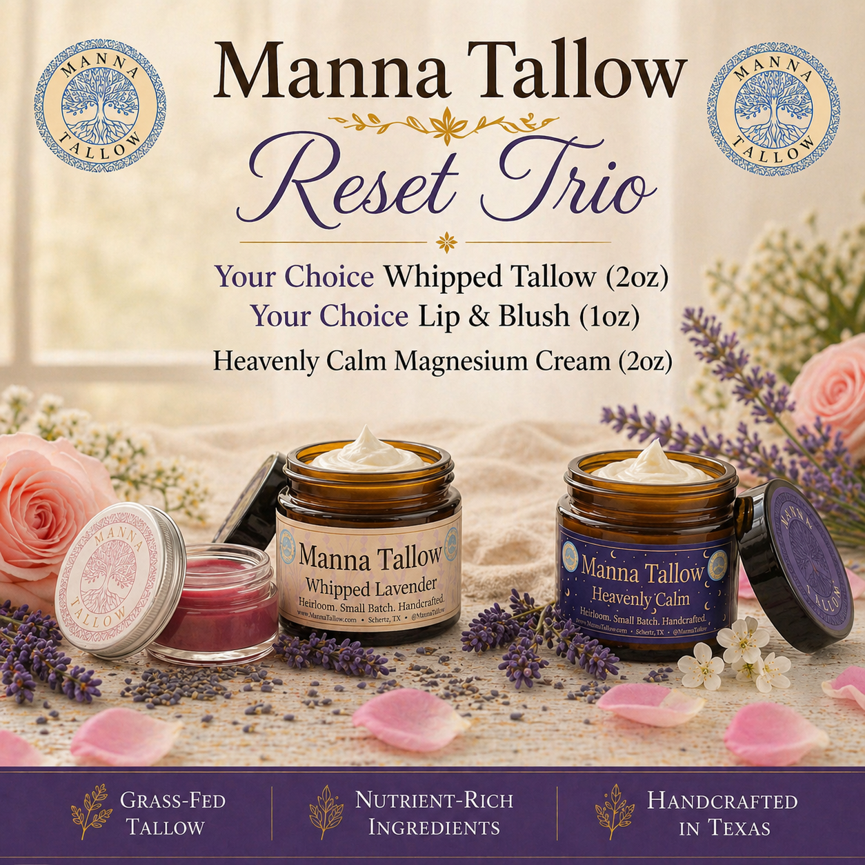 Reset Trio Set By Manna Tallow (Whipped Tallow + Heavenly Calm + Blush)