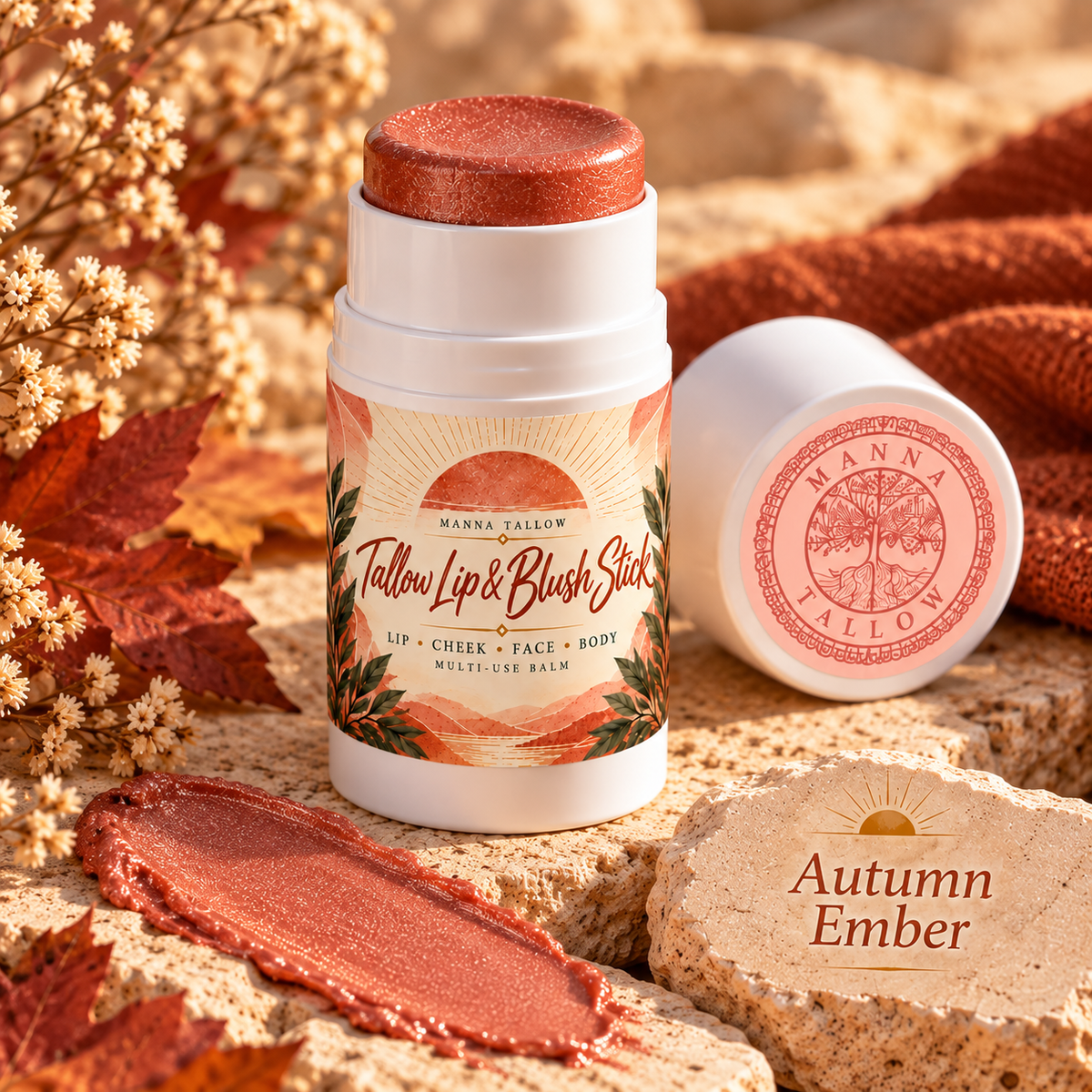 Autumn Ember Tallow Lip & Blush Balm Stick Shimmer Finish