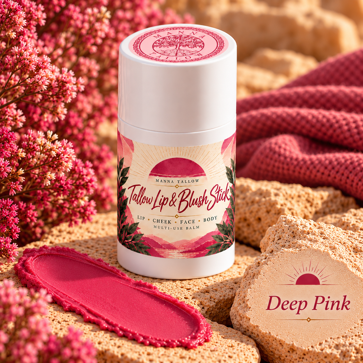 Deep Pink Tallow Lip & Blush Balm Stick Matte Finish